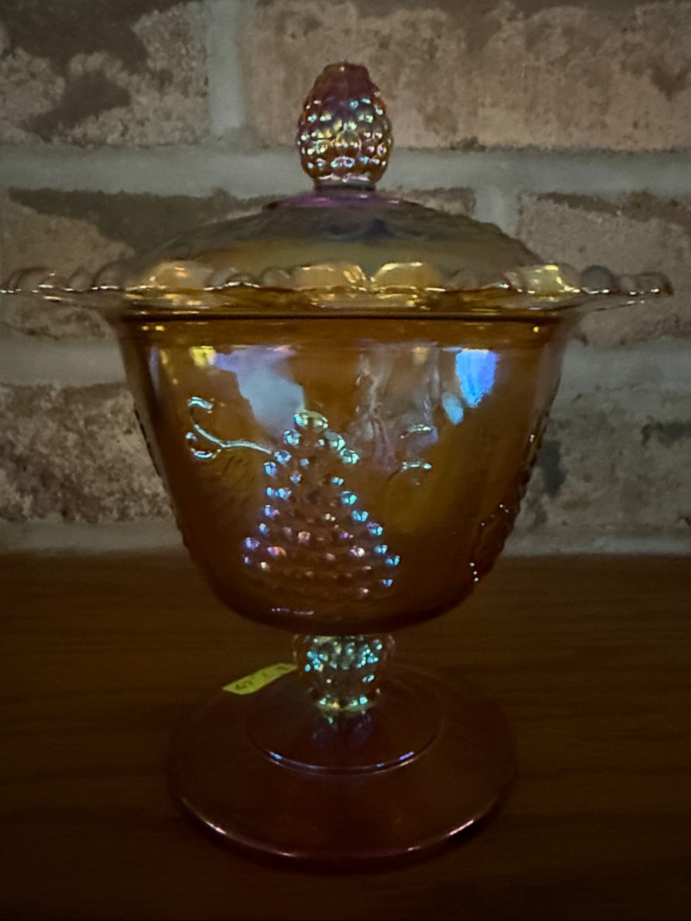 Vintage Indiana Glass Marigold Harvest Grape Lace Edged Pedestal Covered Dish
